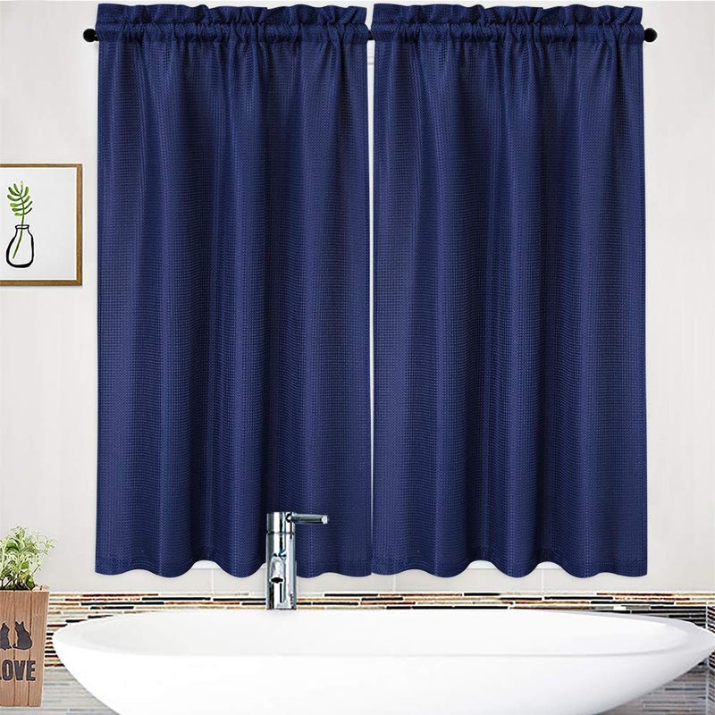 NANAN Tier Curtains,Waffle Weave Textured Tailored Short Curtains for Bathroom Waterproof Window Covering Kitchen Cafe Curtains - 30" x 45", Navy Blue, Set of 2 - Image 2